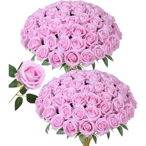 50 PCS Pink Roses Artificial Flowers, Fake Roses with Stem Realistic Silk Roses for DIY Wedding Bouquets Table Centerpieces Arrangements Baby Shower Birthday Home Decor Valentine's Day Gift for Her