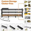 Power Tool Organizer Wall Mount with Charging Station, 4 Tier Tool Battery Storage Rack Built in 8 Outlet Power Strip for Garage, 49" W, Black Wood