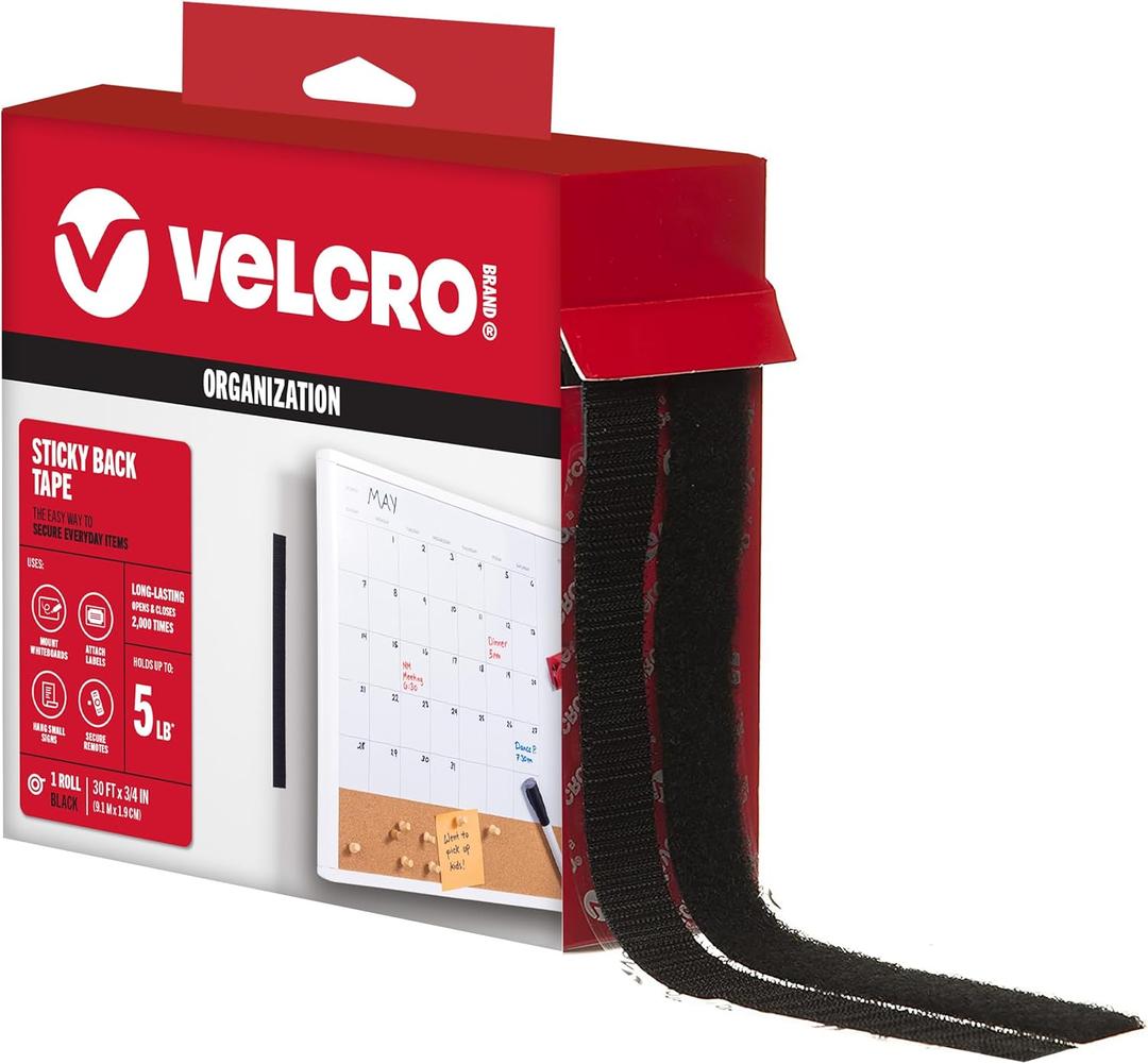 VELCRO Brand  30 ft Sticky Back Hook and Loop Fasteners  Peel and Stick Permanent Adhesive Tape Keeps Classrooms, Home, and Offices Organized  Cut-to-Length Roll | 3/4 in Wide | Black, (91137)