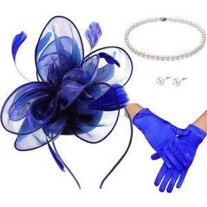 Fascinators Hats with Gloves Set for Women 20s 50s Cocktail Tea Party Wedding Costume Headwear (Blue, S)