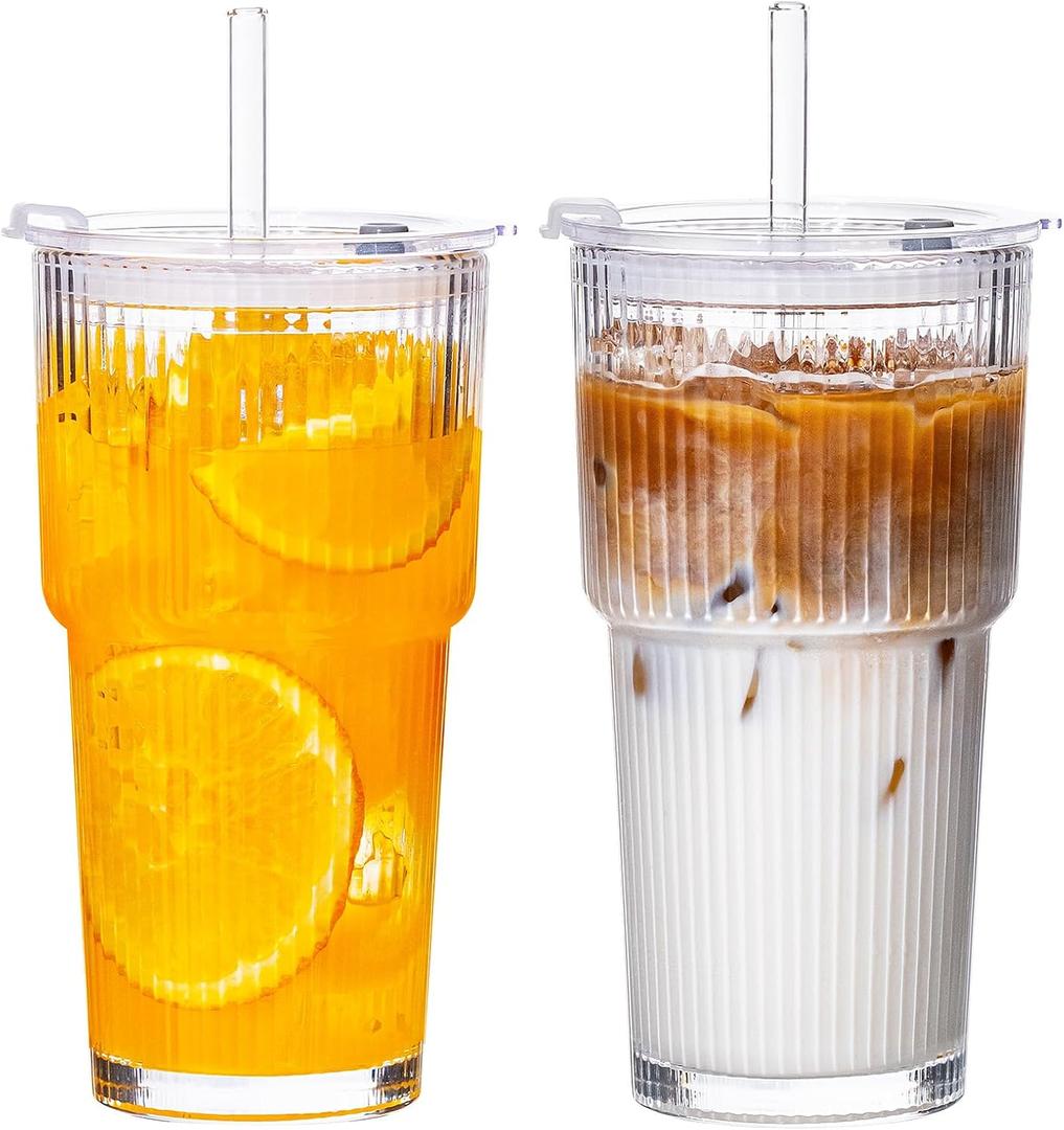 20oz Glass Tumblers with Straws and Lids 2 Pack, Ribbed Glass Cups, Leak Resistant Iced Coffee Cups, Thick Reusable Drinking Glasses, Fits Car Cup Holder, Clear Travel Coffee Cups