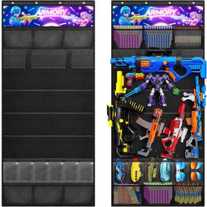 Over the Door Organizer for Toy Guns,Toy Gun Storage and gun accessories, Toys Storage Door Hanger with Pockets and Slots for Kids Rooms, Game Rooms (Black)
