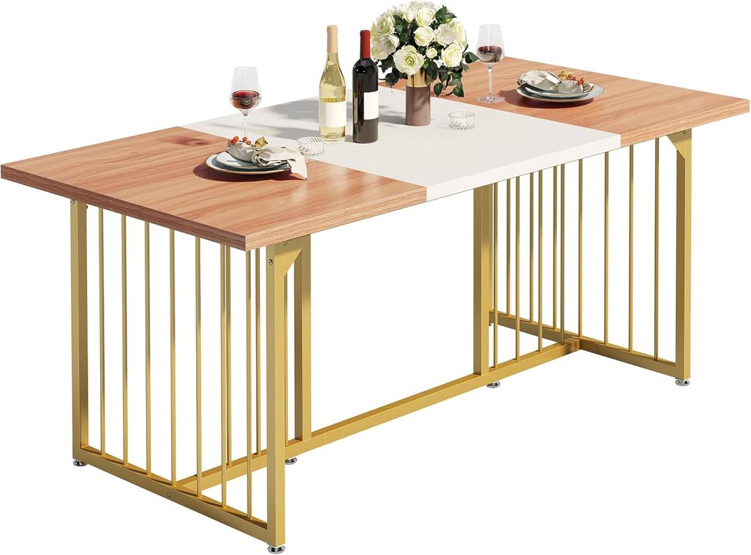 DWVO 70.8" Large Dining Table for 6-8 People, Modern Rectangular Wooden Dining Table, Rustic Kitchen Table with Heavy Duty Metal Gold Legs for Dining Room