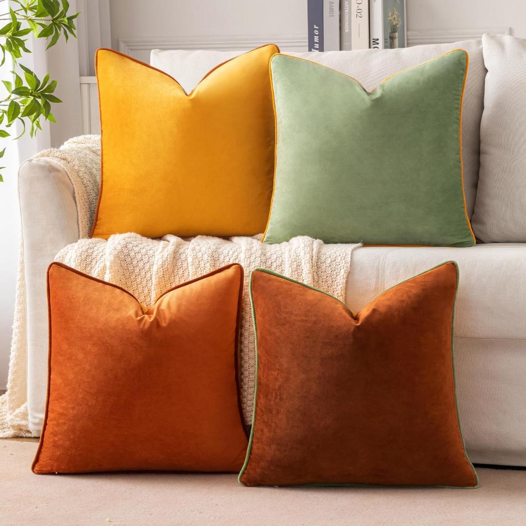 MIULEE Pack of 4 Decorative Throw Pillow Covers Soft Velvet Pillow Covers Double-Sided Design Cushion Cases 4-Color Mixed Pillow Covers for Sofa Bedroom Car 18 x 18 Inch Orange/Green