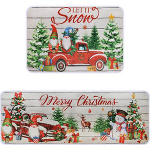 2 x Christmas Kitchen Rugs Set of 2, Christmas Rugs for Kitchen, Farmhouse Christmas Tree Truck Merry Christmas Kitchen Mats, Winter Home Decor Low-Profile Kitchen Rugs, 16x24 and 16x47 Inch