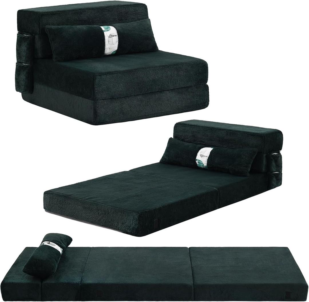 Tiita Folding Sofa Bed Couch, Single Size Foldable Futon Chair Bed with Pillow, Folding Sleeper Sofa Chair Bed Floor Mattress for Guest Room, Living Room, Dark Green (Single - 78.5"D x 27"W x 5"H, Dark Green)