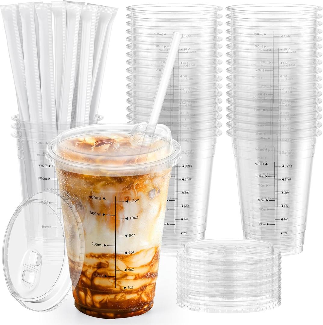 100 Pack - 16 oz Ratio Lines Iced Coffee Cups with Lids & Straws  No Guessing for Consistent Drinks, Disposable Clear Plastic Cups with Lids and Straws for Coffee, Smoothies, Juice, Parties Food Safe