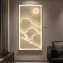 Framed LED Mountain Wall Art for Living Room, Large Vertical Lighted Modern Luxury Gold Bright Sun Waterfall Artwork for Walls, Nature Landscape Backlit Wall Decor for Hallway, Entryway, Home Office, 55.1"L x 27.6"W