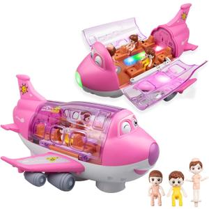 Toy Airplane for Kids - Toddler Toys Bump and Go Action Air Plane with LED Flashing Lights & Sounds, Birthday Gifts for Boys Girls Ages 3-8 Year Olds (Pink)