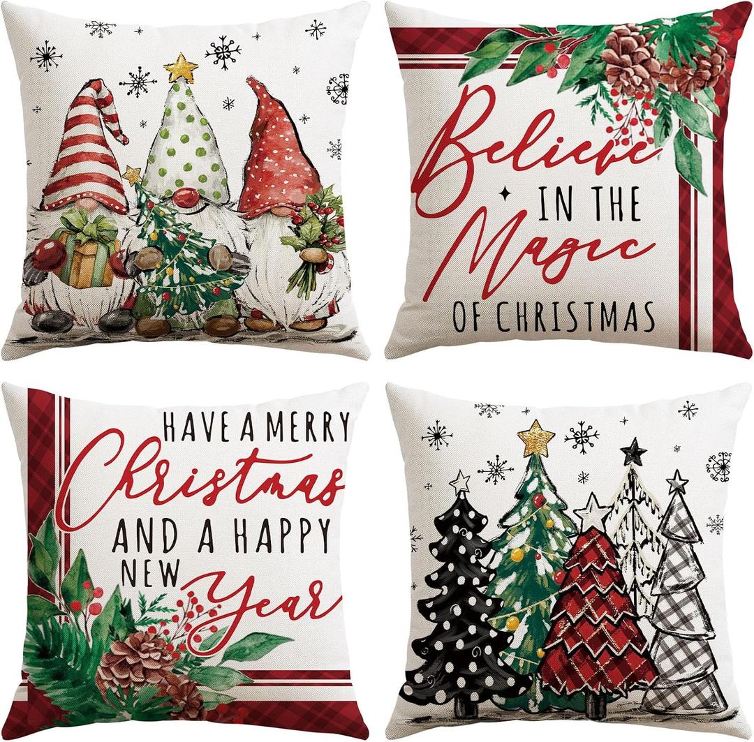 OTOSTAR Christmas Pillow Covers 18x18 Inch Set of 4 Merry Christmas Xmas Trees Decorative Throw Pillow Covers Winter Holiday Cushion Case Decoration for Home Couch (Dwarf Xmas Trees Red)