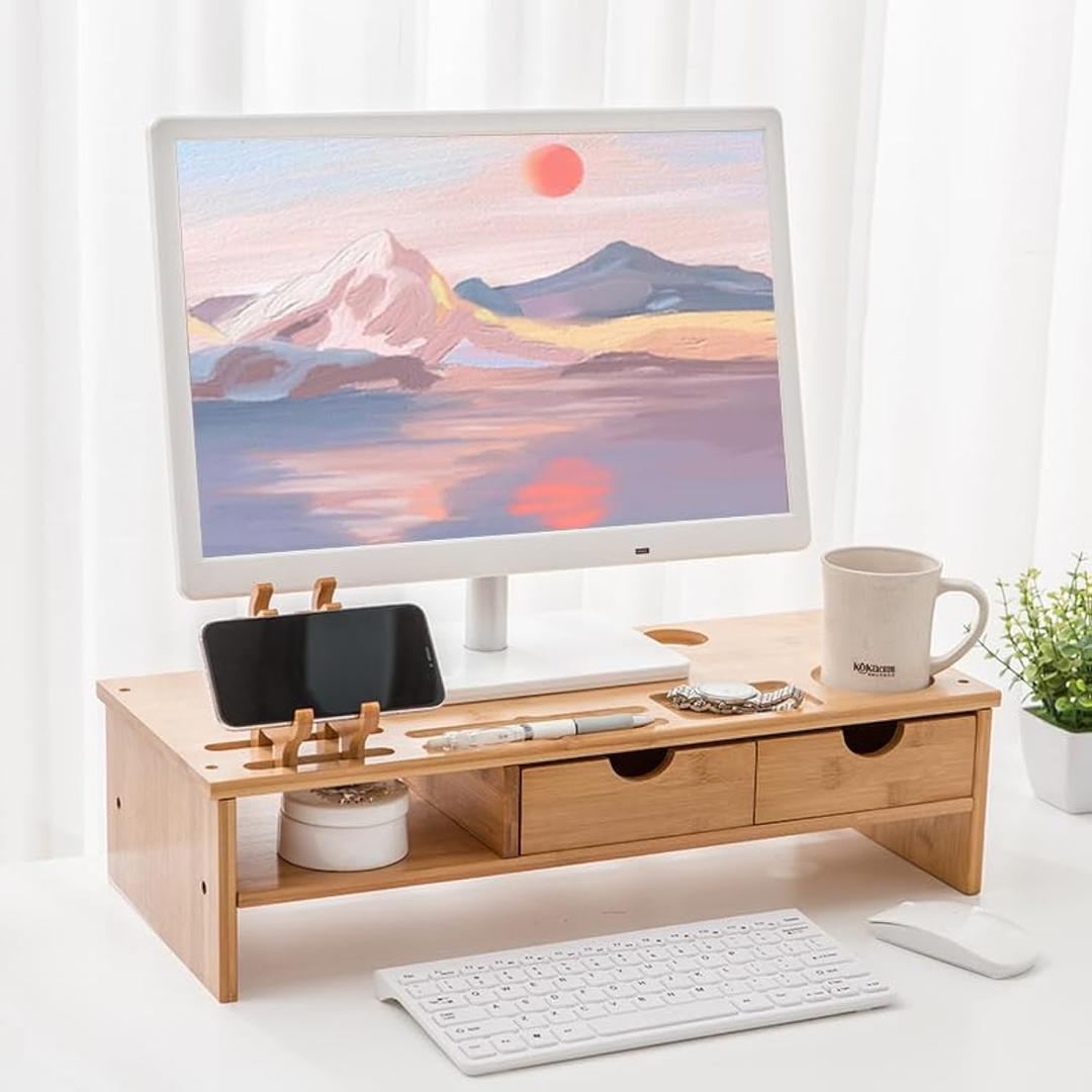 Bamboo Monitor Stand, Wooden Laptop Stand with Drawer, Wood Monitor Riser for Desk, Computer Monitor Stand with Smart Phone Holder and Cable Management Hole, Office Supplies, 22x50x14cm