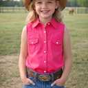 Girls Rhinestones Western Shirt Sleeveless Cowgirl Button Down Shirts Casual Blouses Tops 5-6Y (Pink)