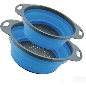 Collapsible Colander Set of 2, Folding Kitchen Strainers with Handles, Space-Saving Over-the-Sink Drainers for Pasta, Veggies & Fruit, BPA-Free, Dishwasher Safe, RV & Camping (Blue)