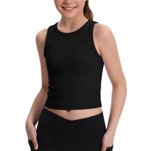 Poroka Girls Tank Tops Kids Athletic Sleeveless Crew Neck Ribbed Knit Casual Workout Crop Tops (9-10 Years, Black)