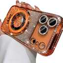 Magnetic Case for iPhone 17 Pro Max [Compatible with MagSafe] Ring Holder Stand, Women Girls Clear Cute Glitter Bling Cover Diamond with Camera Protectors Cover for 6.9", Orange