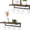 Dahey Mug Holder Wall Mounted Mug Rack with Hooks, Set of 2, Storage Rustic Floating Shelf Coffee Bar Accessories Wood Coffee Cup Hanger for Organizing Cooking Utensil Home Kitchen Decor, Brown