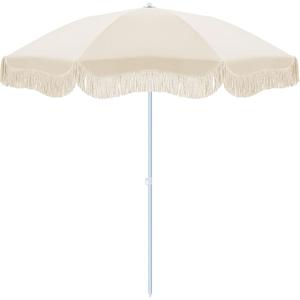 6.5ft Patio Umbrella with Fringe, UPF 50+ UV Boho Outdoor Beach Umbrella with Carry Bag, UV Protection Sun Shade with Tassels for Garden, Deck, Backyard, Poolside Decor