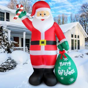 8FT Christmas Inflatable Santa Claus with Candy and Big Gift Bag Outdoor Decoration, Built-in Led Lights Blow Up Xmas Santa Decor, Kindly Festival Decor for Indoor Garden Lawn Yard Holiday Party