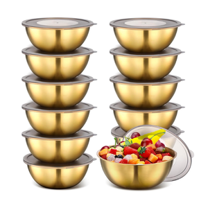 Nuogo 12 Pack 8.27 inches Gold Mixing Bowls with Airtight Lids Gold Serving Bowl Metal Salad Fruit Bowls Stainless Steel Soup Bowls Kitchen Accessories for Lunch Snack
