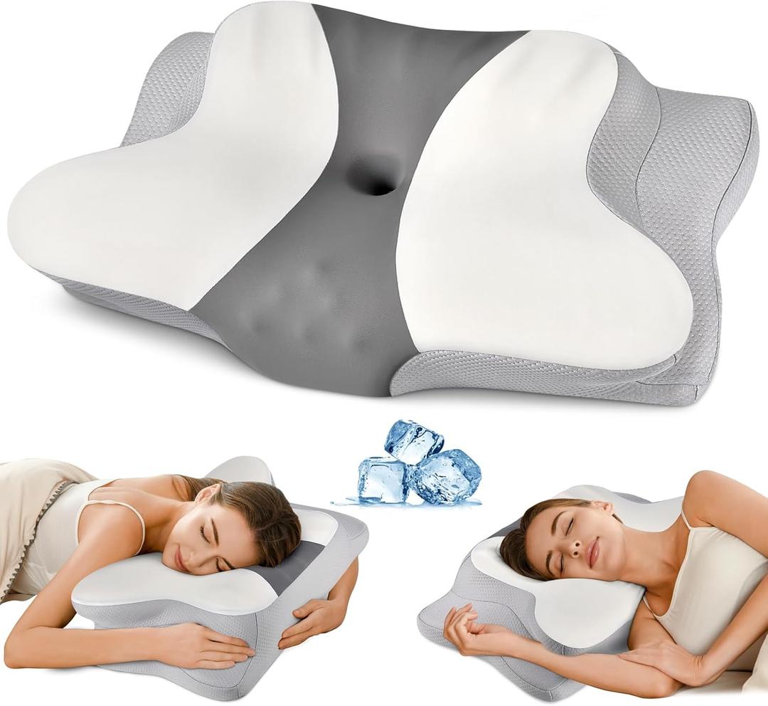 Cervical Pillow for Neck Pain Relief - Ergonomic Pillow for Sleeping Side Sleeper Pillow for Adults, Contour Neck Pillow Cooling Memory Foam Pillows, Orthopedic Bed Pillow for Back Stomach Sleepers (White + Grey)