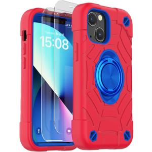 KCJ Compatible with iPhone 14 Case & iPhone 13 Case with [2 x Screen Protectors+1xCamera Lens Protector] Military Grade Drop Protection Case for iPhone 14/iPhone 13 6.1" (Red+Blue)