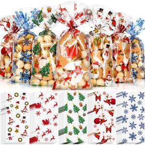 Outus 100 Pieces Christmas Cellophane Treat Bags, Plastic Christmas Cello Bags with Twist Ties for Candy, Cookie, Goodies, Gift Wrap, Xmas Party Favor Supplies