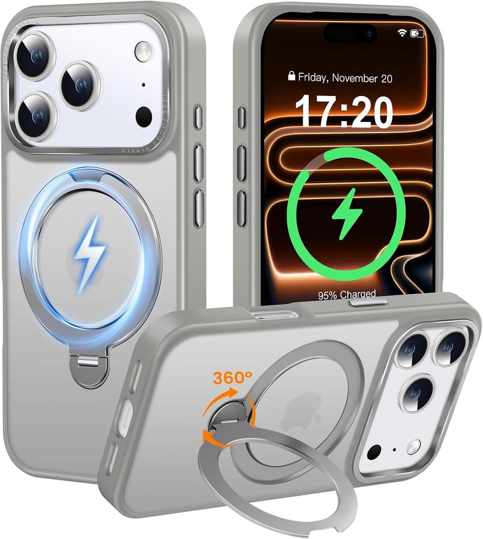Magnetic 360 Stander for iPhone 17 pro max Case, Gray | Mil-Grade Protective, Shockproof, Translucent Matte Non-Slip Finish, Anti-Scratch Phone Case for iPhone 17 Pro Max