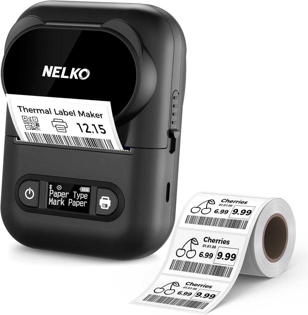 NELKO P110 Label Makers, Portable Bluetooth Thermal Label Printer, Label Maker Machine with Tape for Address, Home, Office, Organization, Compatible with Android & iOS System, with 1 Roll Label, Black