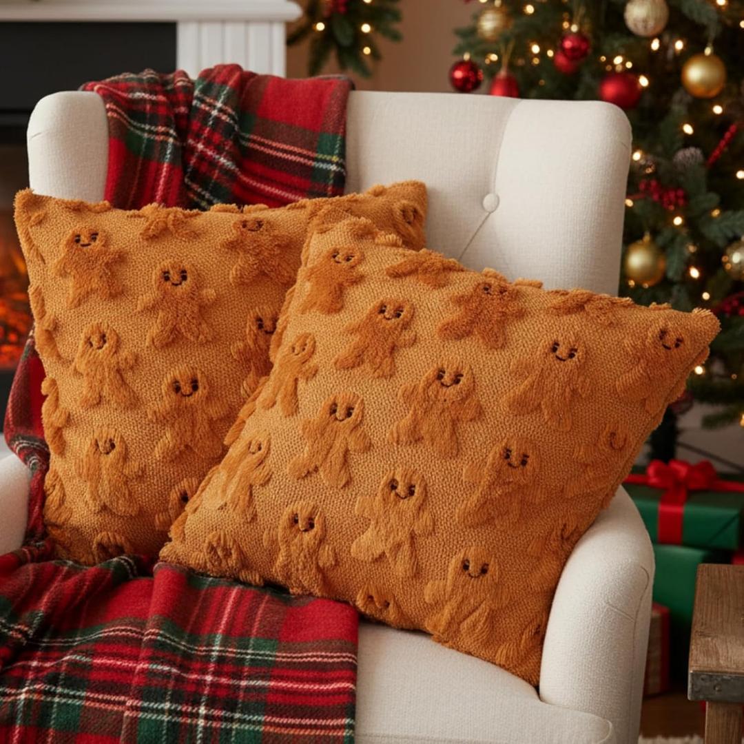 Burbell 2 Pcs Christmas Gingerbread Man Throw Pillow Covers 18x18 Inch Double Sided Gingerbread Man Christmas Decorations Outdoor Winter Holiday Xmas Throw Pillow Case for Home Sofa Couch Room Decor (Khaki)