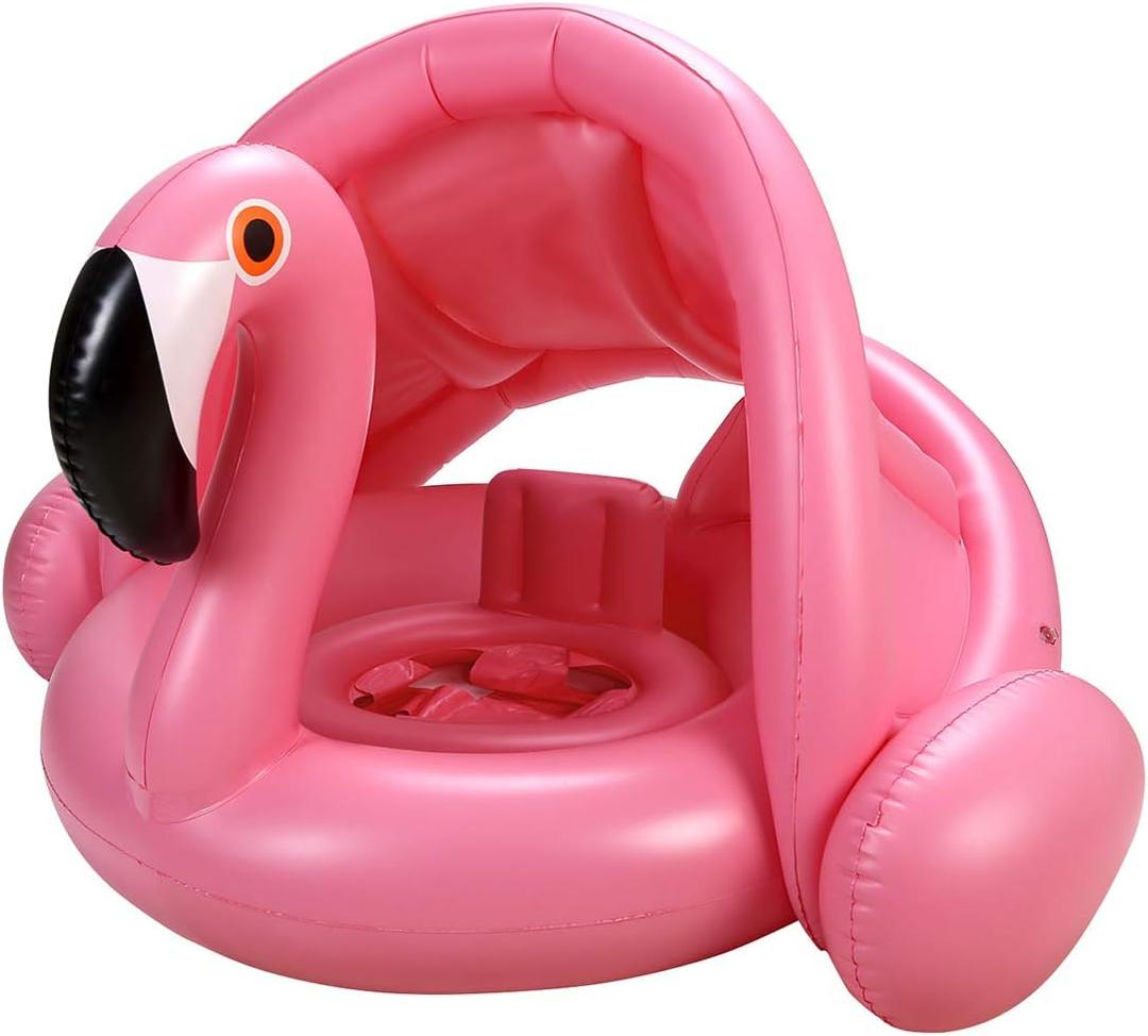Baby Pool Float with Canopy,Flamingo Inflatable Swimming Ring,Infant Pool Floaties Sunshade Toys for Baby Girls Boys Toddlers Pink
