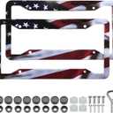 American Flag License Plate Frame Holder - 2 Pack Universal Aluminum Matte Stripe US Flag Gloss Patriotic Car Plate Frame Covers with Free Screws Fasteners Caps