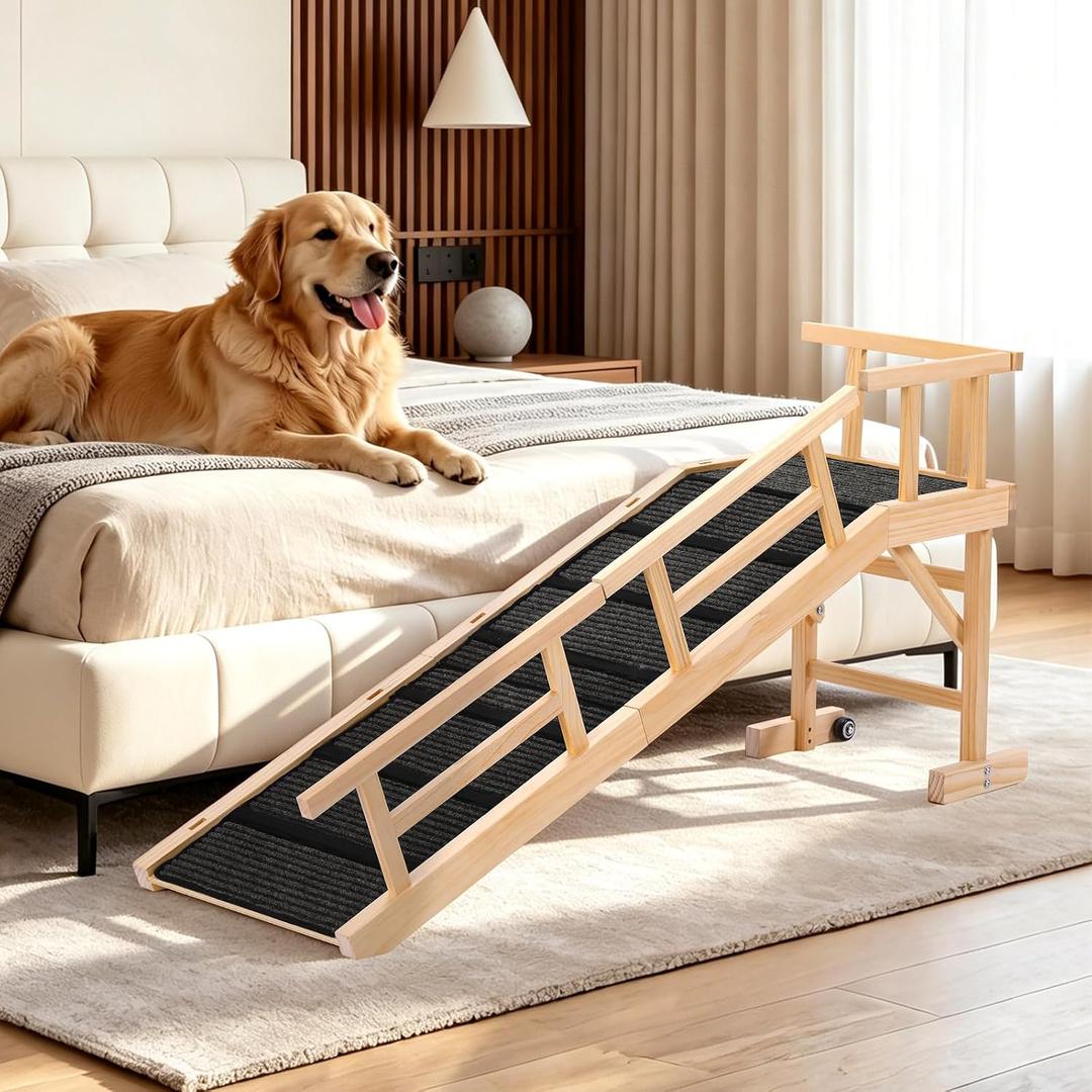 59" Wooden Dog Ramp with Platform & Wheels Gentle Slope Non-Slip for Bed