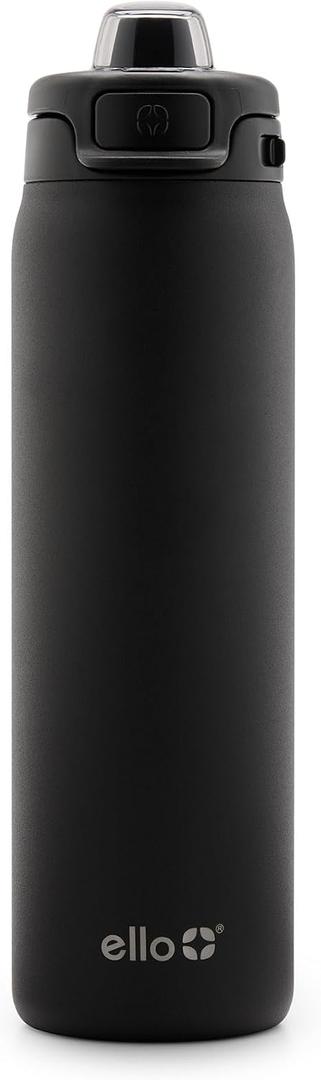 Ello Pop & Fill 22oz Stainless Steel Water Bottle with Quick Fill Technology, Double Walled and Vacuum Insulated Metal, Leak Proof Locking Lid, Sip and Chug, Reusable, BPA Free, Black
