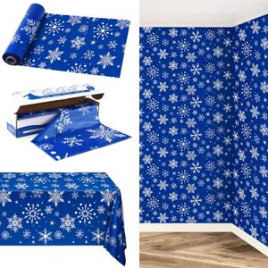 Kochorie 100 Ft x 54 Inch Blue Snowflake Tablecloth Roll with Cutter Box Christmas Themed Snowflake Printed Disposable Winter Backdrop Cut to Size Table Cover for Frozen Birthday Party Supplies