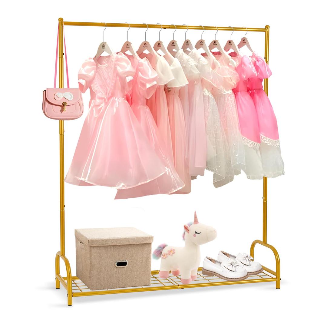 AUPSEN Kids Clothing Rack with Bottom Storage Shelf, Metal Toddler Dress Up Rack for Little Girls, Kids Dress Up Clothes Storage for Coats, Skirts, Dance Costume（Gold）