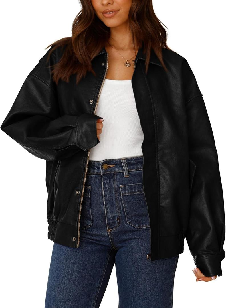 PRETTYGARDEN Women's Faux Leather Motorcycle Jacket Trendy Fall Spring Clothes Oversized Zip Up Winter Coat Outerwear (Medium, Black)