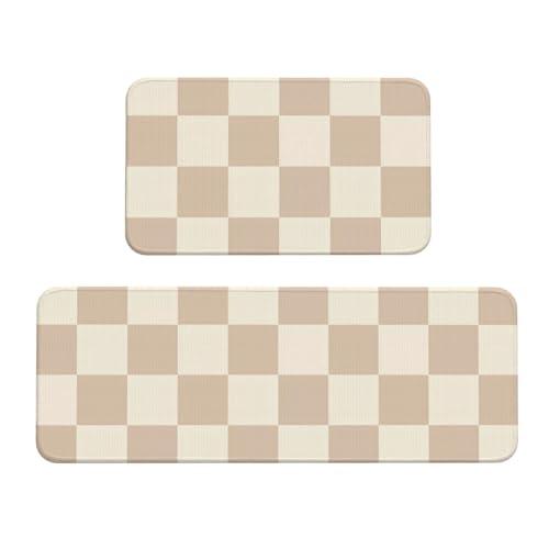 NHSXBEY Brown and Beige Checkerboard Kitchen Mat, Cushioned Anti Fatigue Kitchen Rug Set, 2 Pieces Non Slip Waterproof Kitchen Mats for Floor