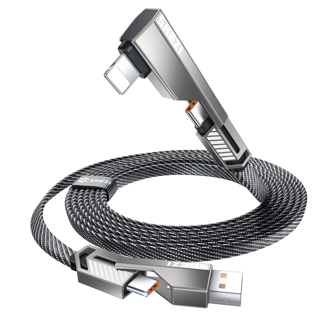 4-in-1 Long USB C Cable 10FT Lightn-ing Cable 90 Degree Fast Charging Flat Nylon Braided for iPhone/iPad Charger Cord Multi Charge Cord with Lightn-ing/USB C/USB A Ports (SHEZI Series)