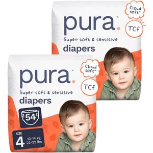 Pura Baby Diapers Size 4 (22-32 lbs) 54 Count Sensitive Skin | 12 Hour Leak Protection, New Blowout Blocker, Cloud Soft, Totally Chlorine Free*, Allergy UK Certified