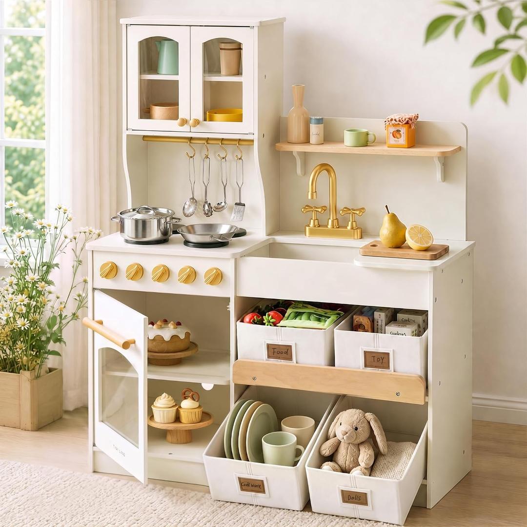 Tiny Land Wooden Play Kitchen for Kids with Toy Storage for Pretend Play, Large