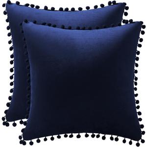 DEZENE Couch Pillow Cases 24x24 Navy: 2 Pack Cozy Soft Pom-poms Velvet Square Throw Pillow Covers for Farmhouse Home Decor 