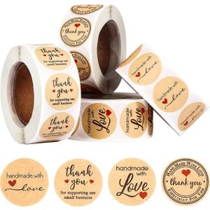 Outus 2000 Pieces Handmade with Love Stickers Roll Thank You Label Kraft Round Adhesive Stickers 4 Rolls, 500 Labels Per Roll for Present Bags Wedding Thanksgiving, 1 Inch