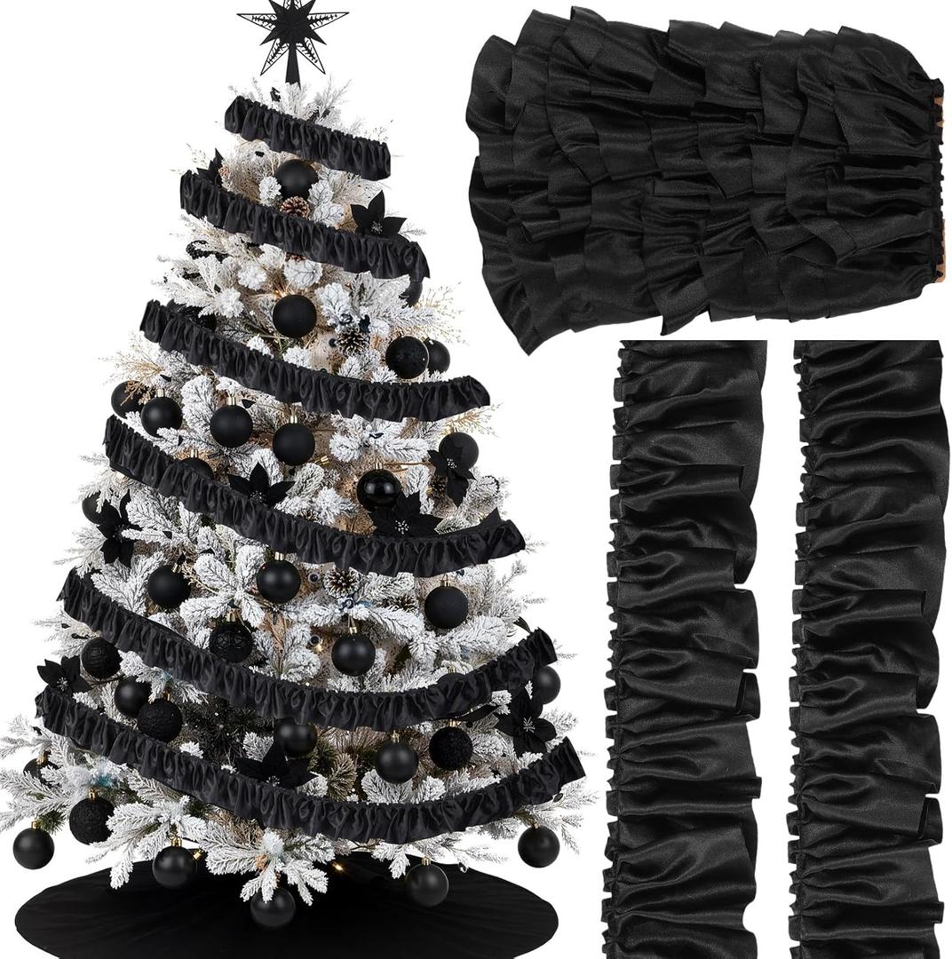 11 Yards Black Ruffle Trim Christmas Tree Ribbon Satin Ruffle Pleated Ribbon Vintage Fabric Lace Trim Decoration 3.15 Inch Satin Wide Pleated Edge for Sewing Craft DIY Wedding Bridal