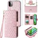 Asuwish Compatible with Motorola Moto G Power 5G 2023 Wallet Case Zipper Cell and Tempered Glass Screen Protector Crossbody Strap Glitter Flip Card Holder Phone Cover for GPower G5 Women Rose Gold (Pink)