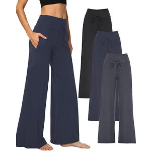3 Pack Wide Leg Yoga Pants for Women, Comfy Lounge Pajama Sweatpants Loose Causal Palazzo with Pockets (Small, Black/ Dark Grey/ Navy Blue)