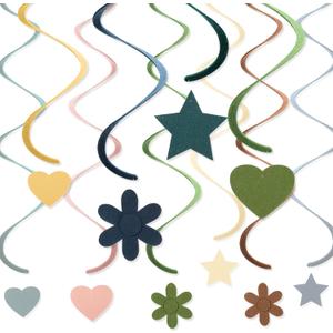 Breling 72 Pcs Felt Colorful Hanging Swirl Decorations Rainbow Ceiling Streamer Crafted Flowers Stars Hearts Spiral Garland for Baby Shower Birthday Wedding Party Classroom Supplies(Morandi Color)
