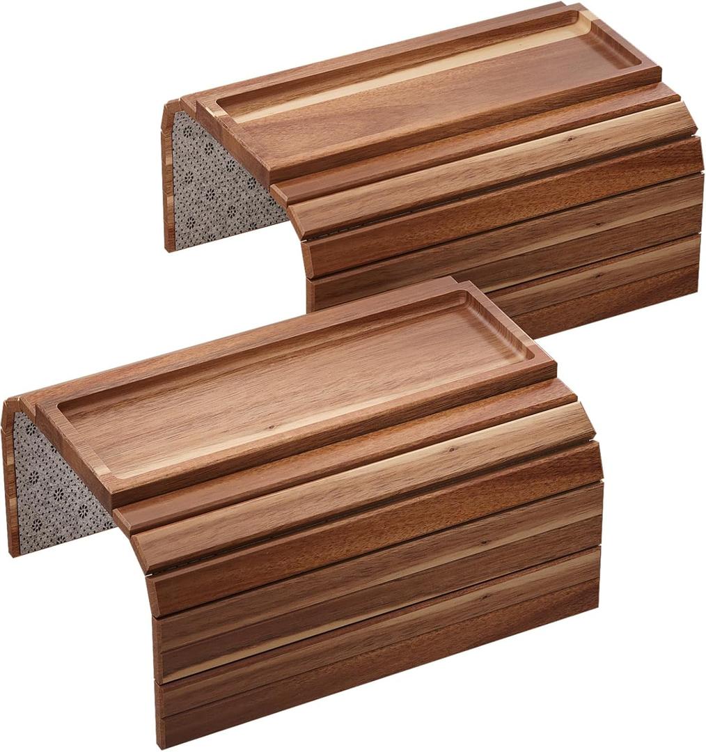 Sofa Arm Tray,Acacia Wood Folding Couch Arm Tray,Sofa Armrest Trays with Anti-Slip Pad for Drinks,Snacks,Phone,Remote Control 2 PC (Brown)