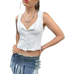 SOLY HUX Women's Lace Trim Button Down Tank Top Sexy Scoop Neck Fitted Vest Crop Tops Y2k Going Out Shirts Plain White Large