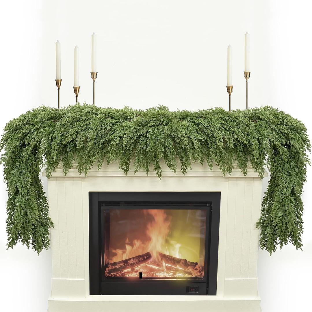 6FT Christmas Garland, Real Touch Cypress Pine Garlands, Green Artificial Cedar Garland Christmas Decorations for Home, Dining Table Mantel Porch Wall Stairs Winter Xmas Decor