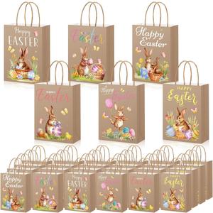 Capoda 24 Pieces Easter Gift Bags Kraft Paper Bunny Treat Bags with Handles Candy Goodie Decorated with Happy Easter Egg Hunt and Chicks Pattern for Kids Spring Party